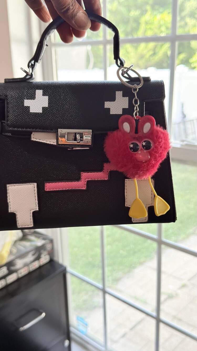 Pixel Art Robot Face Mini Crossbody Bag with Furry Creature Keychain - Picture 2 of 3